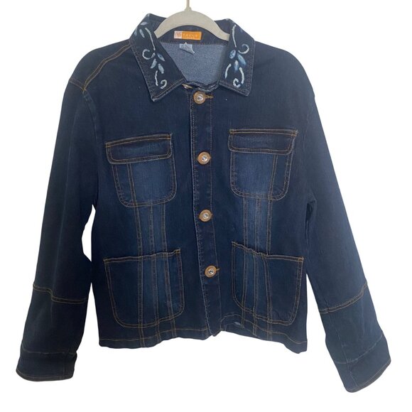 Tulle Plus Denim Jacket 2X Blue Embroidered Button Front Anthropology Plus Size - Picture 1 of 8